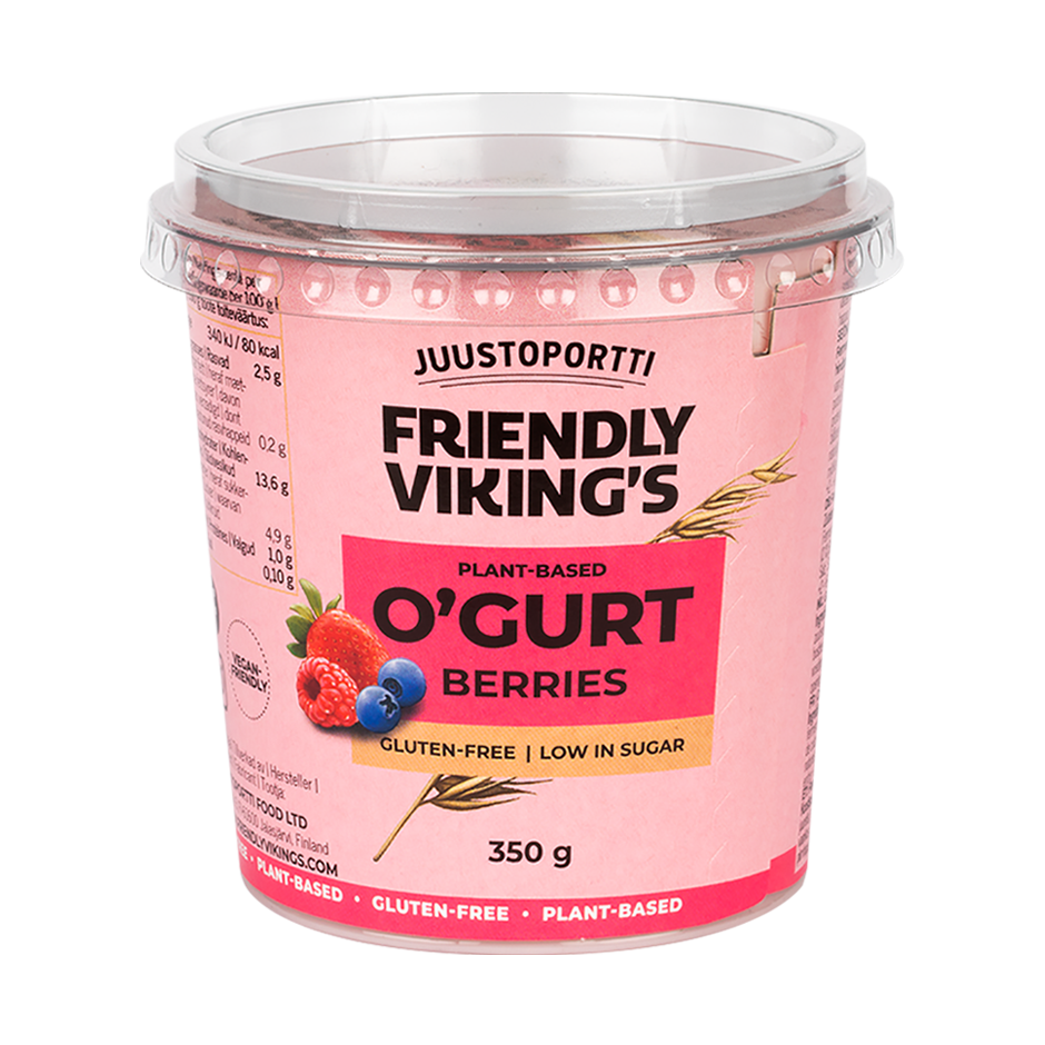 Juustoportti Friendly Viking’s O’gurt hapatettu kauravälipala mansikka-mustikka-vadelma 350 g